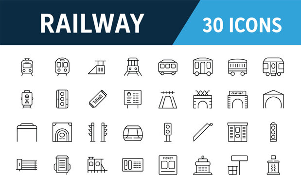 Railway and Train Transportation Line Icon Set Featuring Locomotive Subway Track Ticket Station and Traffic Signal Elements for App Design