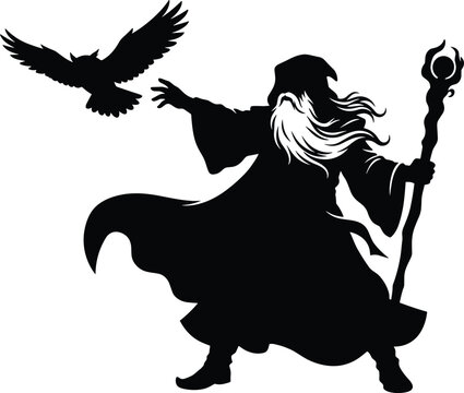 Silhouette of Old Wizard Holding Staff with Flying Owl Isolated on White Background