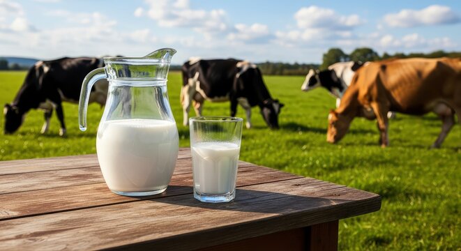Fresh Organic Milk in a Glass and Pitcher on a Wooden Table with Cows Grazing in the Background