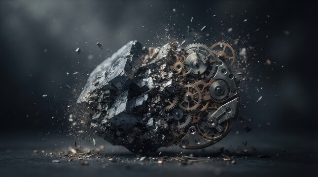Exploding clock mechanism with debris