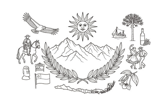 Chile heritage and geography collection showcasing Huaso on horse Araucaria tree wine Copihue flower and map outline