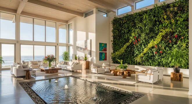 Luxurious Modern Living Room with Floor-to-Ceiling Windows, Indoor Vertical Garden, and Water Feature Overlooking the Ocean