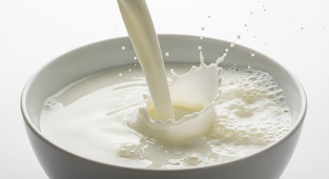 Fresh milk pouring into a white ceramic bowl with a dynamic splash crown on a white background