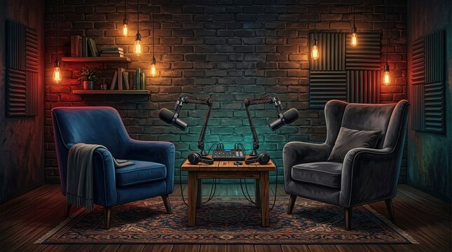 Modern podcast interview room featuring comfortable armchairs brick wall microphones wooden table and warm lighting for professional broadcasting and content creation