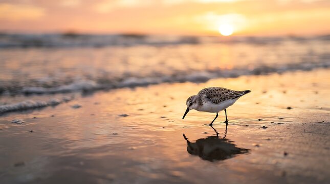 Seagull wading along the ocean shoreline at golden hour. Coastal bird exploring wet sand during sunset.