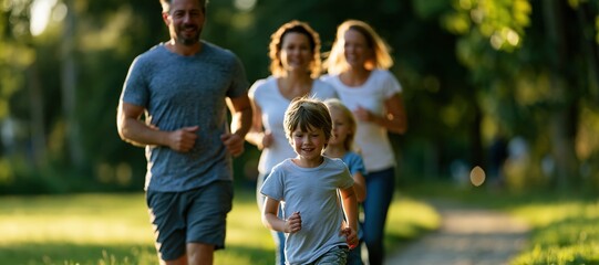 Fototapeta premium Parents and children jogging together on a park trail