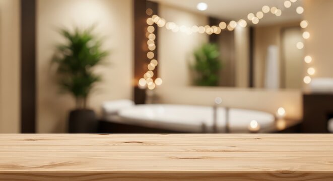 Empty Wooden Table Top on Blurred Luxury Bathroom and Spa Interior Background with Bathtub and Warm Fairy Lights for Product Display