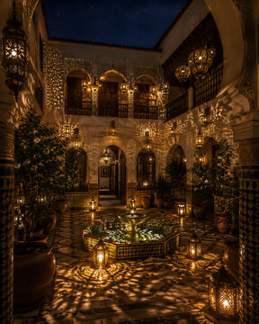 Arabian courtyard at night with lanterns and marble fountain, traditional Arab house