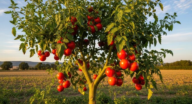 Abundant harvest of ripe red tomatoes growing on a lush plant in a rural farm field during a golden sunset