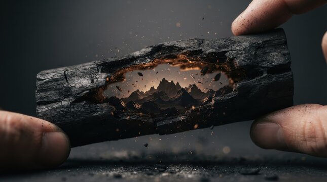 Mountains visible through a hole in a piece of charcoal