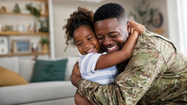 African American soldier in camouflage uniform tightly hugging his smiling young daughter inside their living room