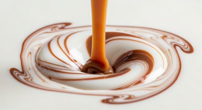Thick caramel sauce pouring into a smooth swirl of fresh white yogurt or cream