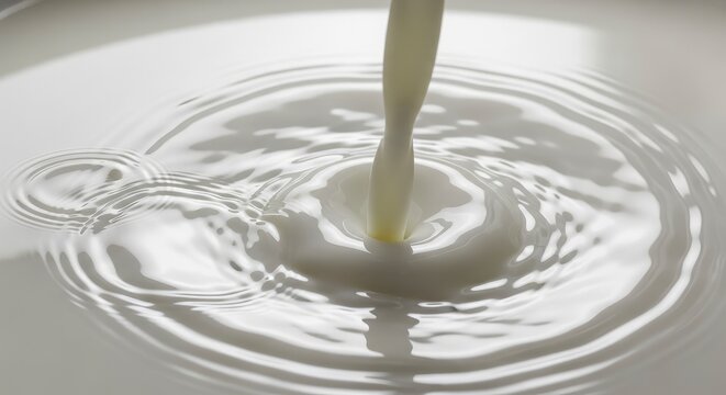Macro shot of fresh white milk being poured into a bowl, creating ripples and soft splashes on the surface