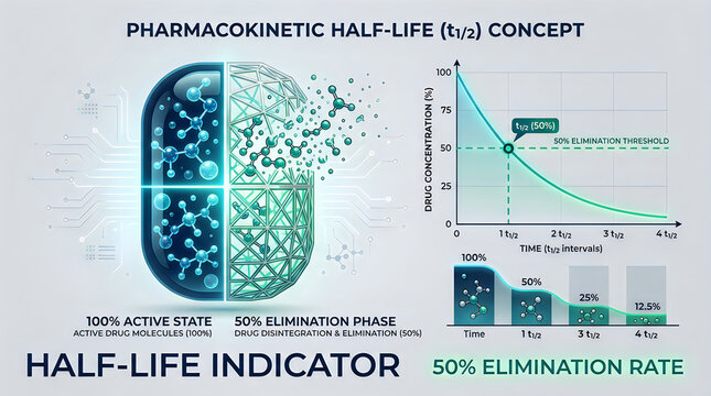 Pharmacokinetic half life concept chart with drug elimination rate