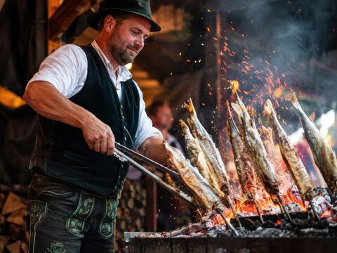 Fischgriller in Tracht wendet Steckerlfische &uuml;ber offenem Feuer &ndash; Funkenflug, Glut und handwerkliche Zubereitung zeigen authentische Volksfestk&uuml;che in dramatischer Szene.