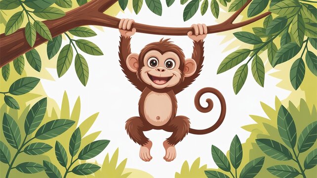 Cute cartoon monkey hanging on a tree branch. Happy primate character in the jungle.