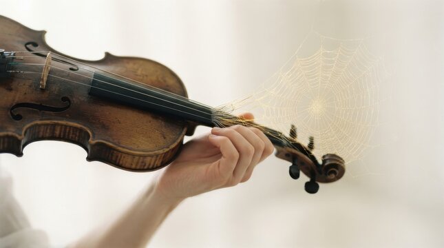 Old violin with spider web on neck
