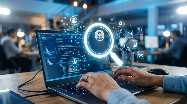 Talent acquisition and digital human resources search with hands typing on laptop showing candidate data