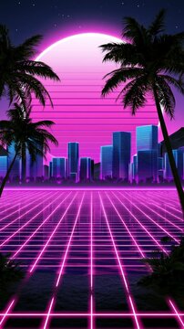Retro neon grid road with synthwave cityscape backdrop