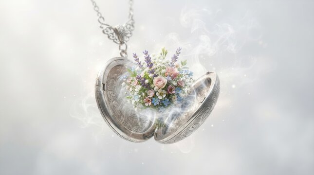 Open vintage silver locket with floral bouquet and magical smoke