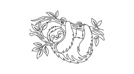 Cute hand drawn sloth hanging from a tree branch coloring page. © reka
