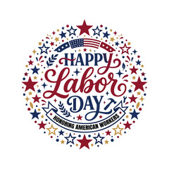 Obraz premium Happy labor day greeting card design with american flag colors and stars isolated on white background