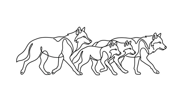Continuous line art illustration of a wolf pack walking.