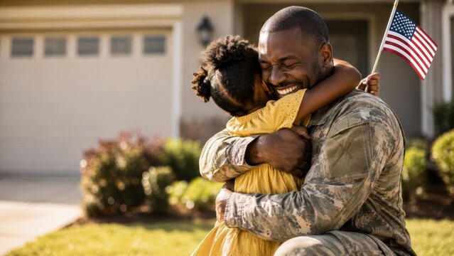 smiling military father in camouflage uniform embracing his daughter holding a small American flag outside their suburban home