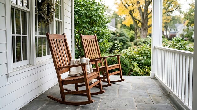 Cozy rocking chairs on a serene porch overlooking lush greenery. Relaxing outdoor seating with vintage charm and natural light.