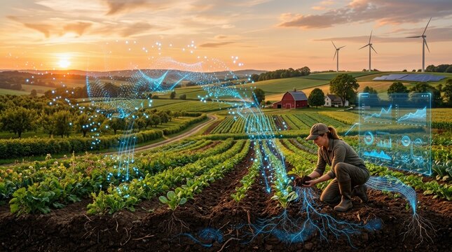 A farmer using digital technology to monitor crop growth in a sustainable smart farm at sunset
