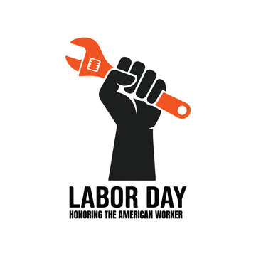 Black silhouette of a fist holding an orange wrench for labor day isolated on white background art