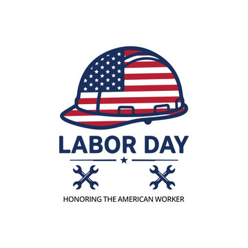 Labor day celebration logo with american flag construction hard hat and metal wrenches on white