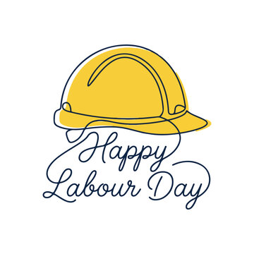 Happy labour day message with a yellow construction safety helmet in a simple continuous line drawing