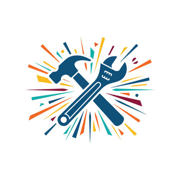 Crossed hammer and wrench construction tools icon with colorful abstract rays on white background