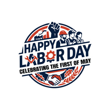 Happy labor day badge with workers and industrial symbols isolated on a clean white background design