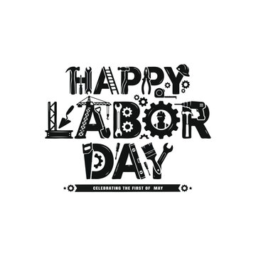 Happy labor day typography design with construction tool silhouettes isolated on white background
