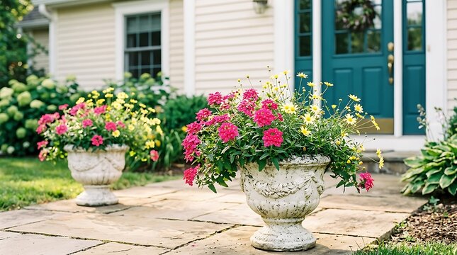 Charming garden entrance with vibrant potted flowers. Bright floral arrangement near quaint white house exterior.