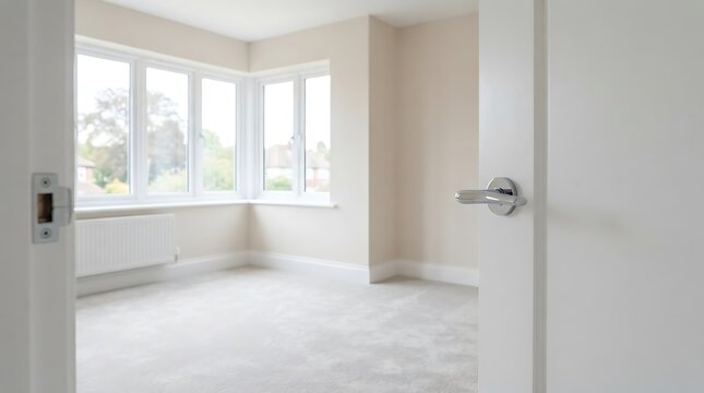 Modern empty room with natural light and white door handle. Bright minimalist interior showcasing clean lines and spacious design.