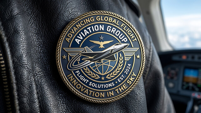 Aviation Emblem Patch on a Leather Flight Jacket Inside an Airplane Cockpit