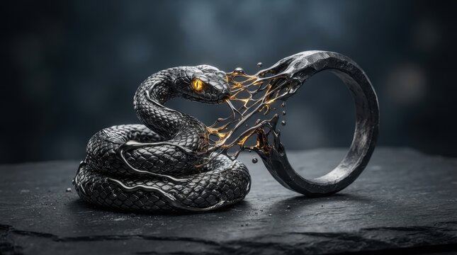 Metallic snake coiling around a circular ring