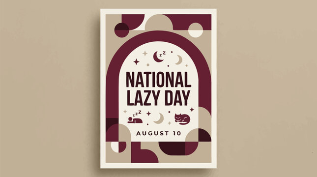 Minimalist geometric poster celebrating national lazy day with sleeping person and cat graphic design elements with illustration neutral background