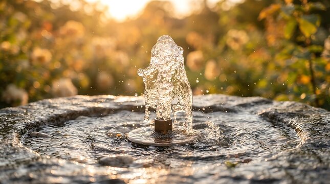 Water fountain splashing in golden hour sunlight. Serene outdoor water feature with vibrant natural lighting.