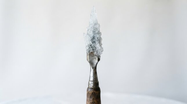 Clear crystal cluster formation on an old metal chisel tip