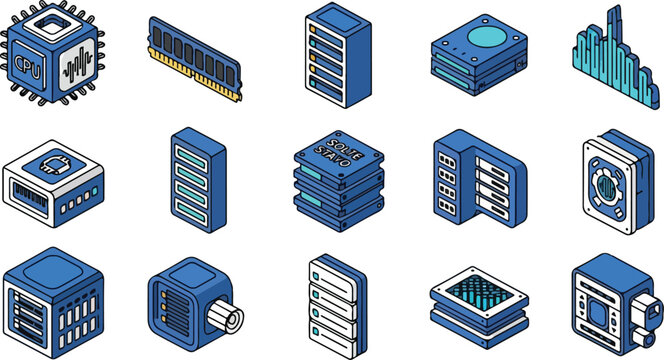 Set of isometric server and computer hardware icons.