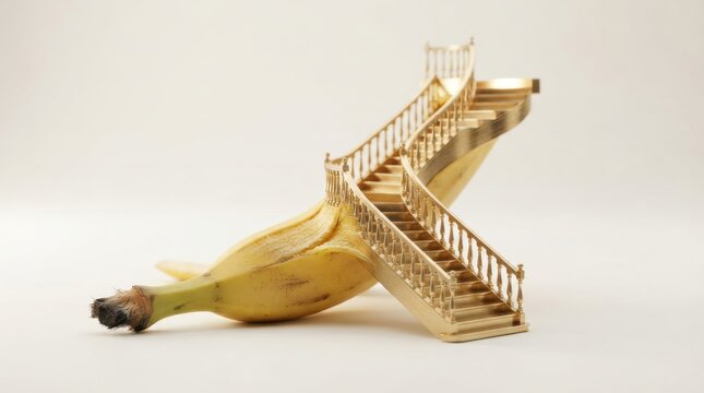 Surreal gold staircase structure emerging from a banana