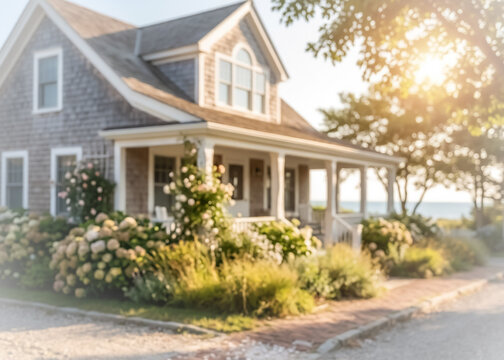 cape cod style coastal home with blurred atmospheric mood. background image for website design, home improvement themes or advertising