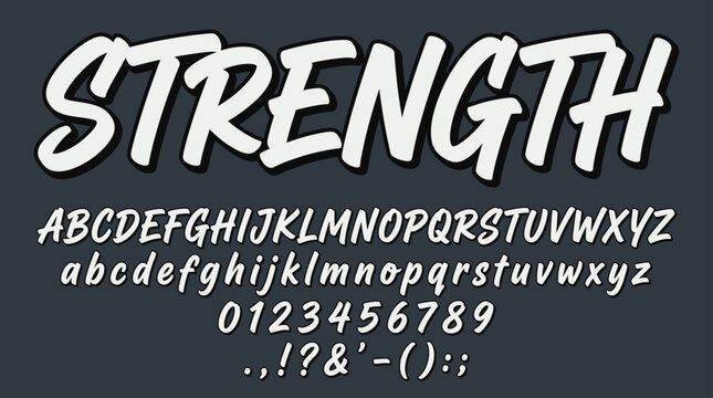 Bold handwritten font Strength with alphabet numbers and punctuation on dark background