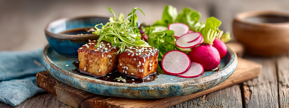 Sliced tofu on a plate with salad and radishes served in a restaurant during lunchtime