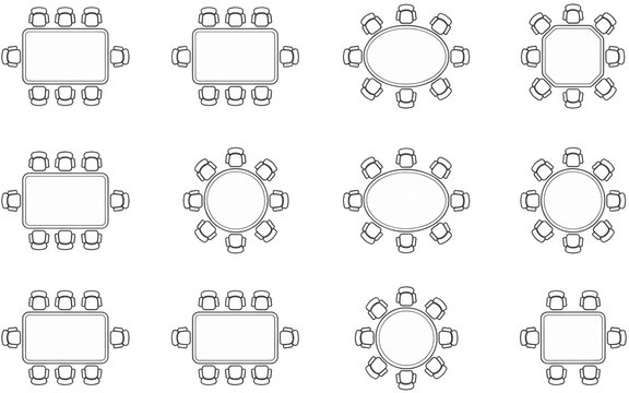 Various seating arrangements of different shaped tables with chairs for meeting or dining spaces design concepts