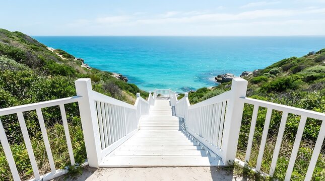 Scenic white staircase leading to breathtaking ocean views. Coastal pathway with turquoise water and lush greenery.